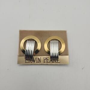Vintage Erwin Pearl Two Tone Gold Silver Modernist Circle Clip Earrings Card